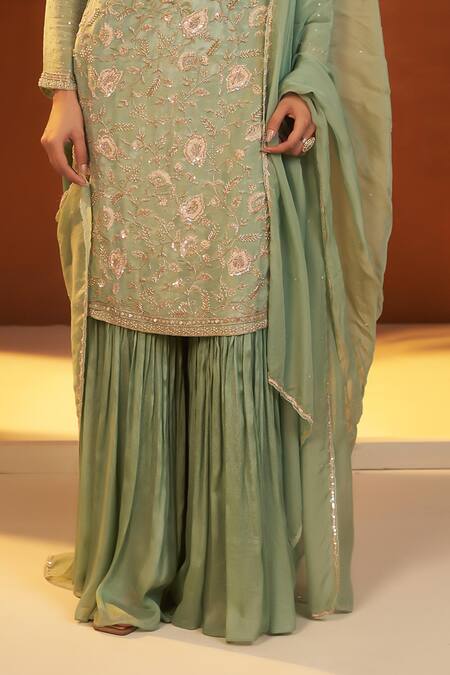 Baidehi_Green Tissue, Cotton, Organza Cut Work, Cutdana Embroidered Kurta Sharara Set _Online_at_Aza_Fashions