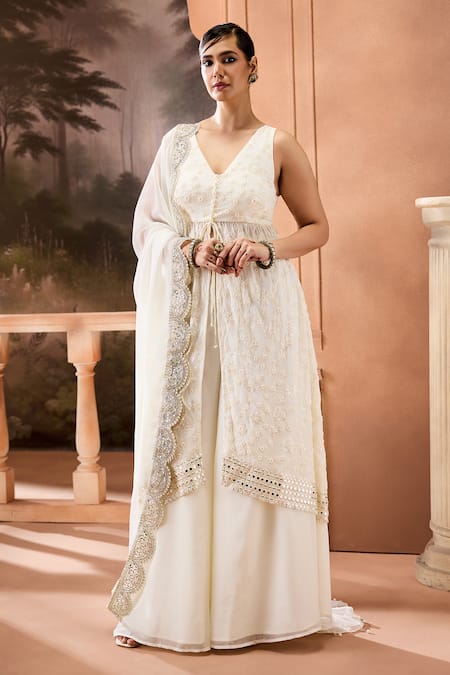 SAANJH BY LEA White Poly Georgette Embroidery Floral V-neck Pearl Anarkali And Sharara Set 