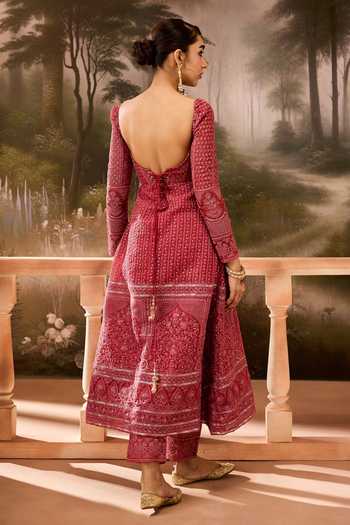 Shop SAANJH BY LEA Red Lace Embroidery, Sequins, Tassels Floral A-line Kurta And Pant Set at Aza Fashions Shop_SAANJH BY LEA_Red Lace Embroidery, Sequins, Tassels Floral A-line Kurta And Pant Set_at_Aza_Fashions