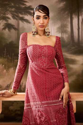 SAANJH BY LEA Red Lace Embroidery, Sequins, Tassels Floral A-line Kurta And Pant Set Online at Aza Fashions SAANJH BY LEA_Red Lace Embroidery, Sequins, Tassels Floral A-line Kurta And Pant Set_Online_at_Aza_Fashions