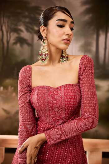Buy SAANJH BY LEA Red Lace Embroidery, Sequins, Tassels Floral A-line Kurta And Pant Set Online at Aza Fashions Buy_SAANJH BY LEA_Red Lace Embroidery, Sequins, Tassels Floral A-line Kurta And Pant Set_Online_at_Aza_Fashions