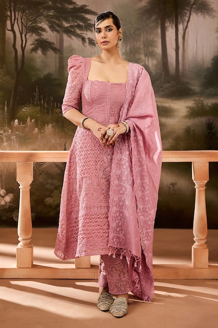 SAANJH BY LEA Pink Luxe Organza Embroidery Floral Square Thread A-line Kurta And Pant Set 