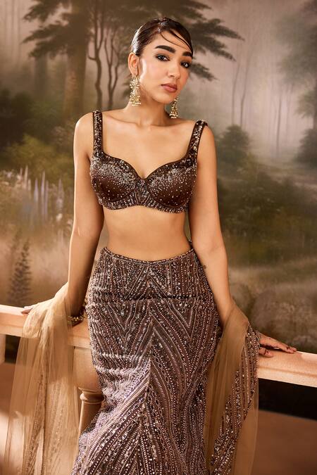 Shop SAANJH BY LEA Brown Lace, Net Pearls, Sequins, Beads Embroidered Mermaid Lehenga Set Online at Aza Fashions Shop_SAANJH BY LEA_Brown Lace, Net Pearls, Sequins, Beads Embroidered Mermaid Lehenga Set_Online_at_Aza_Fashions