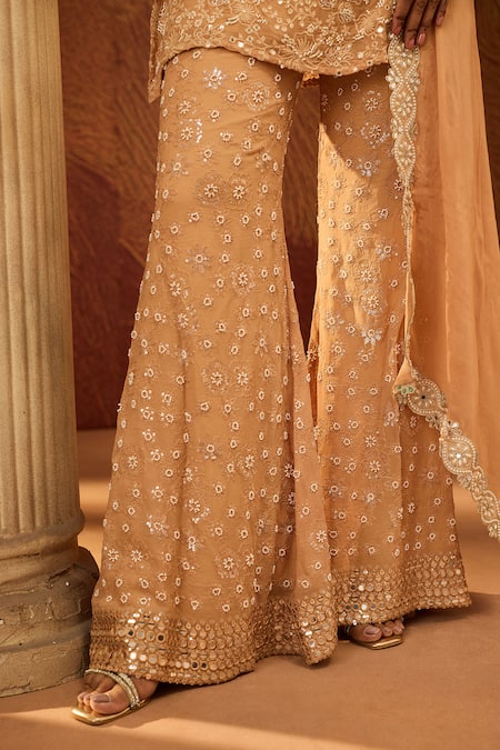 Shop SAANJH BY LEA Orange Polyester, Georgette Pearls, Sequins, Floral Short Kurta And Sharara Set Online at Aza Fashions Shop_SAANJH BY LEA_Orange Polyester, Georgette Pearls, Sequins, Floral Short Kurta And Sharara Set _Online_at_Aza_Fashions