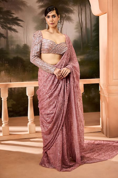 SAANJH BY LEA Sequin Embroidered Pre-Draped Saree With Blouse 