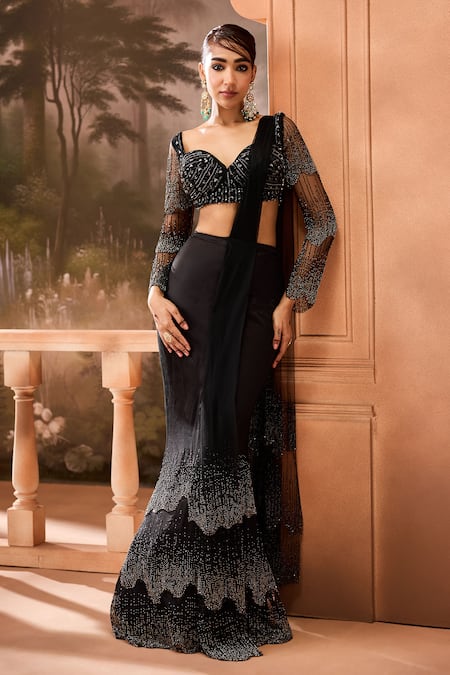 SAANJH BY LEA Black Rich Satin Embroidery Crystals Sweetheart Pre-draped Saree With Blouse 