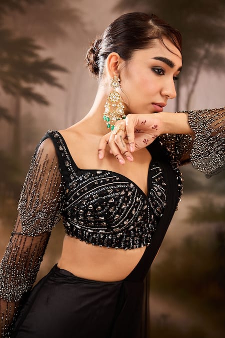 Buy_SAANJH BY LEA_Black Satin Crystals, Beads, Stones Embroidered Pre-draped Saree With Blouse _Online_at_Aza_Fashions