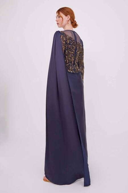 Shop Raishma Blue Tulle, Satin, Polyester Zari Round Neck Nova Embroidered Draped Panel Gown at Aza Fashions Shop_Raishma_Blue Tulle, Satin, Polyester Zari Round Neck Nova Embroidered Draped Panel Gown_at_Aza_Fashions