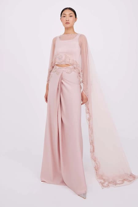 RAISHMA Pink Satin Embroidery Beads Round Jasmine Asymmetric Cape And Draped Skirt Set 