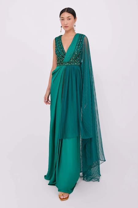 RAISHMA Green Satin Embroidery Sequins V-neck Anaya Pleats Draped Gown 