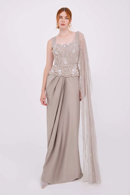 RAISHMA Grey Satin Embroidery Sequins Square Esha Floral Draped Gown 