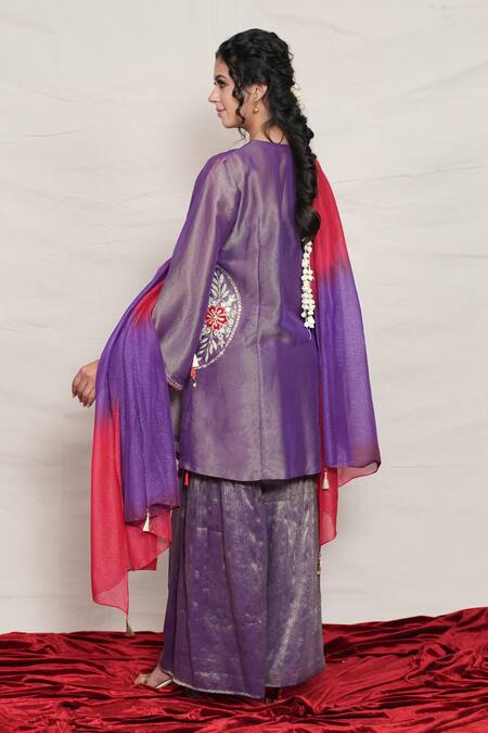 Shop_Jyoti Bansal_Purple Tissue Embroidery, Tassels Round Neck Kurta Sharara Set _at_Aza_Fashions