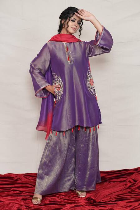 Jyoti Bansal_Purple Tissue Embroidery, Tassels Round Neck Kurta Sharara Set _Online_at_Aza_Fashions