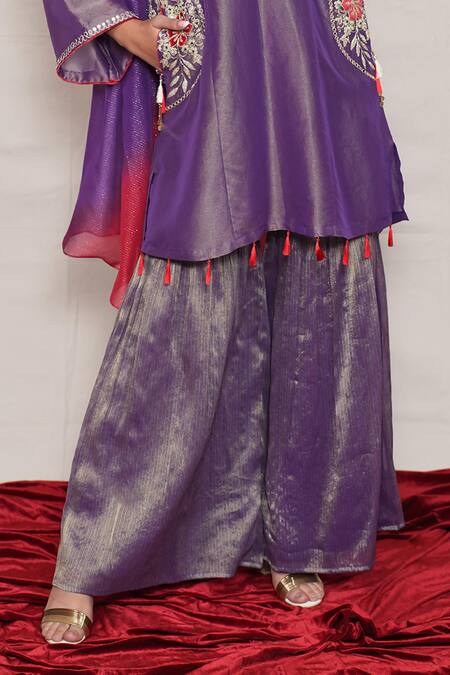 Buy_Jyoti Bansal_Purple Tissue Embroidery, Tassels Round Neck Kurta Sharara Set _Online_at_Aza_Fashions