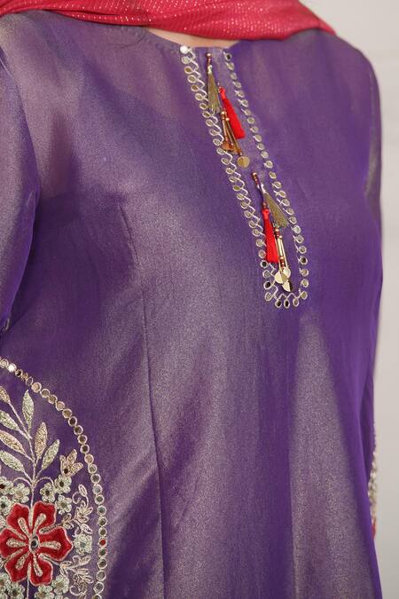 Shop_Jyoti Bansal_Purple Tissue Embroidery, Tassels Round Neck Kurta Sharara Set _Online_at_Aza_Fashions