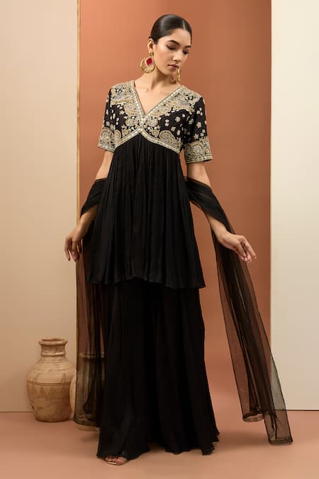 Neha Khullar Black Viscose Chiffon Hand Embroidery Zardozi V Neck Short Anarkali Sharara Set 