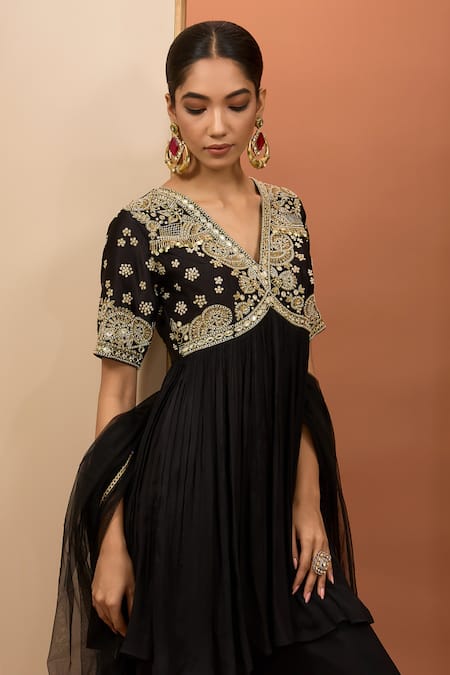 Buy Neha Khullar Black Net, Viscose, Chiffon, Crepe Embroidery Hand Short Anarkali Sharara Set Online at Aza Fashions Buy_Neha Khullar_Black Net, Viscose, Chiffon, Crepe Embroidery Hand Short Anarkali Sharara Set _Online_at_Aza_Fashions