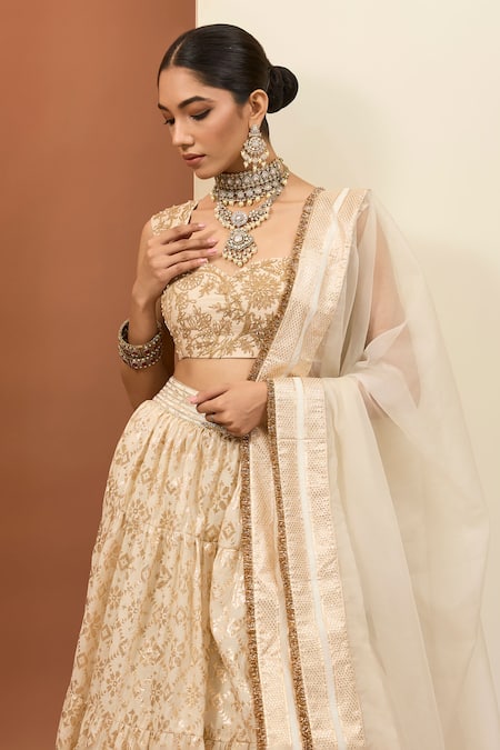 Buy_Neha Khullar_Ivory Chanderi Silk, Organza Beads, Zari, Geometric Banarasi Pattern Lehenga Set _Online_at_Aza_Fashions