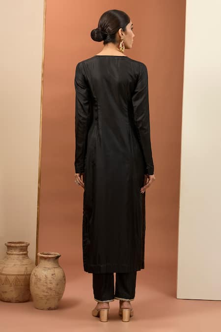 Neha Khullar_Black Silk, Organza, Crepe Beads, Zari, Embroidery Round Zardozi Kurta Pant Set _Online_at_Aza_Fashions