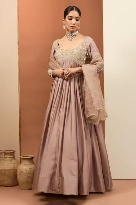 Neha Khullar Pink Chanderi Silk Hand Embroidery Sequins Paan Neck Anarkali With Dupatta 