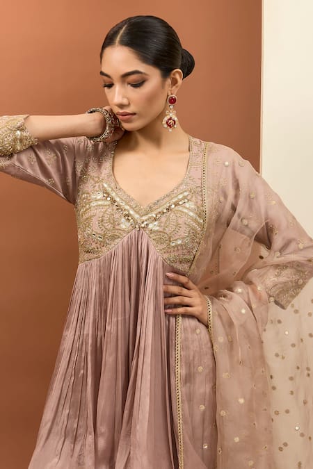 Buy_Neha Khullar_Pink Viscose, Chiffon, Crepe Beads, Zari, Zardozi Short Anarkali Sharara Set _Online_at_Aza_Fashions
