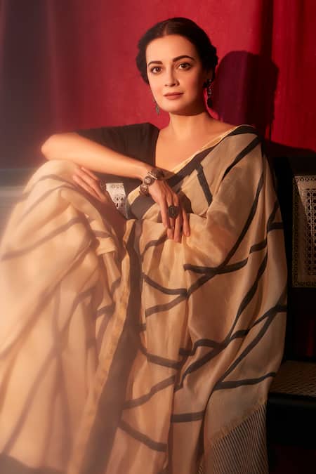 Buy_Banana Labs_Beige Chanderi Geometric Pattern Saree _Online_at_Aza_Fashions