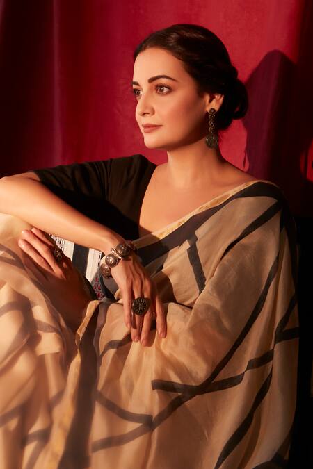 Shop_Banana Labs_Beige Chanderi Geometric Pattern Saree _Online_at_Aza_Fashions