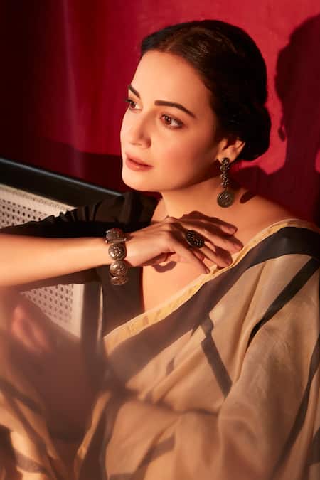 Banana Labs_Beige Chanderi Geometric Pattern Saree _at_Aza_Fashions