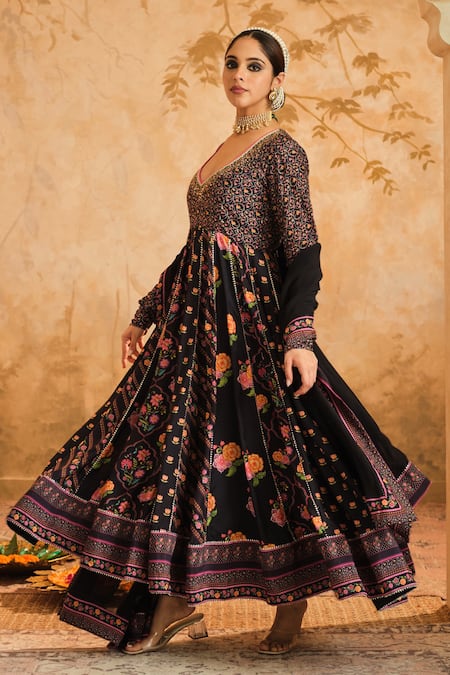 Blooming Threads_Black Cotton, Silk, Lycra, Organza Embroidery, Floral Jaal Print Anarkali Set _Online_at_Aza_Fashions