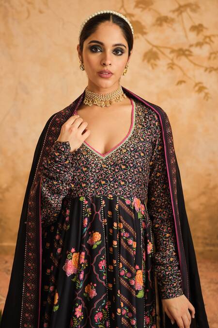Shop_Blooming Threads_Black Cotton, Silk, Lycra, Organza Embroidery, Floral Jaal Print Anarkali Set _Online_at_Aza_Fashions