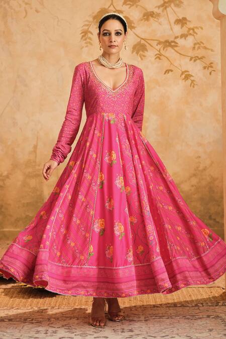 Blooming Threads_Pink Cotton, Silk, Lycra, Organza Gota Patti, Floral Jaal Print Anarkali Set _Online_at_Aza_Fashions