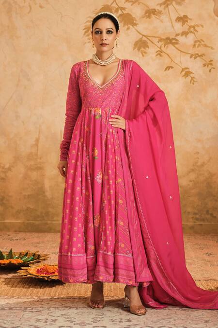 Buy_Blooming Threads_Pink Cotton, Silk, Lycra, Organza Gota Patti, Floral Jaal Print Anarkali Set _Online_at_Aza_Fashions