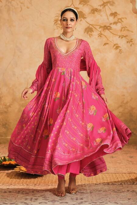 Shop_Blooming Threads_Pink Cotton, Silk, Lycra, Organza Gota Patti, Floral Jaal Print Anarkali Set _Online_at_Aza_Fashions