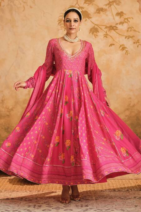 Blooming Threads_Pink Cotton, Silk, Lycra, Organza Gota Patti, Floral Jaal Print Anarkali Set _at_Aza_Fashions
