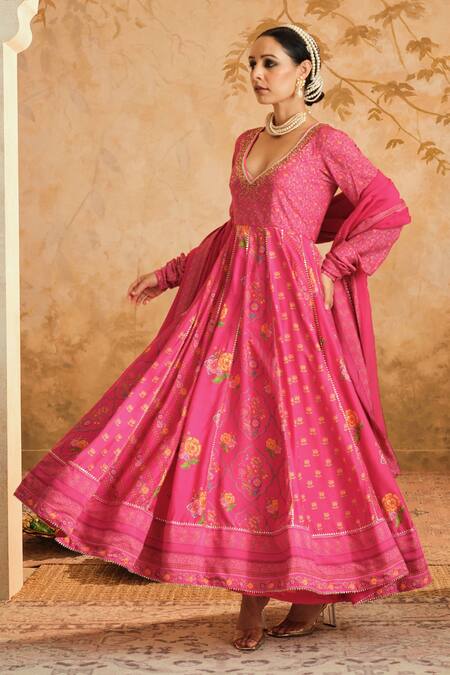 Buy_Blooming Threads_Pink Cotton, Silk, Lycra, Organza Gota Patti, Floral Jaal Print Anarkali Set 
