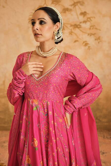 Shop_Blooming Threads_Pink Cotton, Silk, Lycra, Organza Gota Patti, Floral Jaal Print Anarkali Set 