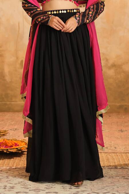 Blooming Threads_Black Crepe, Organza Sequins, Embroidery Asymmetric Coin Placed Lehenga Set _Online_at_Aza_Fashions