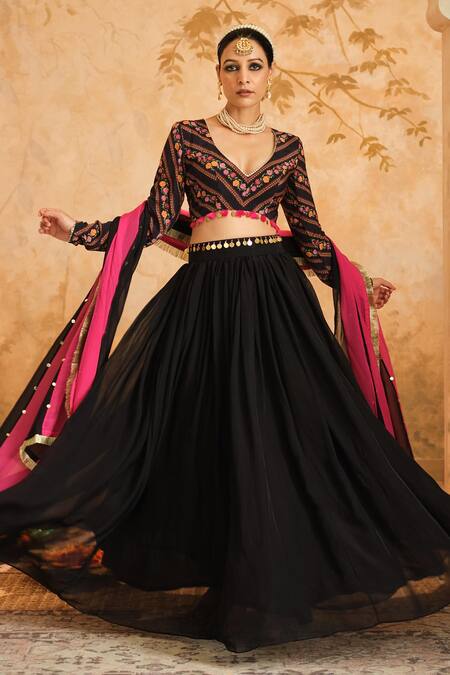 Shop_Blooming Threads_Black Crepe, Organza Sequins, Embroidery Asymmetric Coin Placed Lehenga Set _Online_at_Aza_Fashions