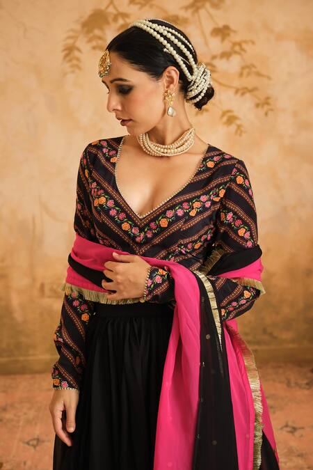 Blooming Threads_Black Crepe, Organza Sequins, Embroidery Asymmetric Coin Placed Lehenga Set _at_Aza_Fashions