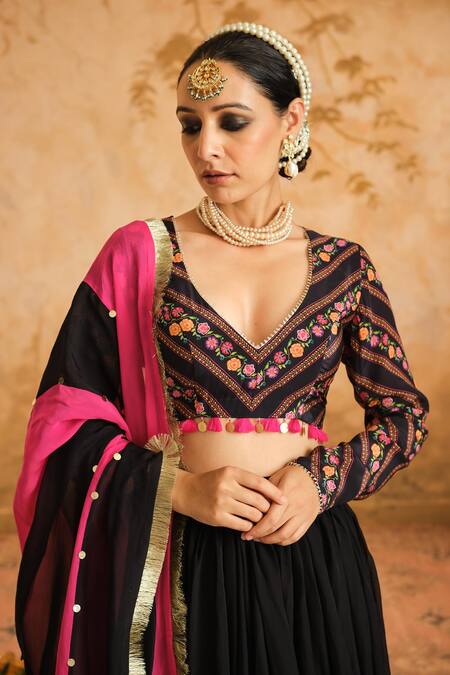 Buy_Blooming Threads_Black Crepe, Organza Sequins, Embroidery Asymmetric Coin Placed Lehenga Set 