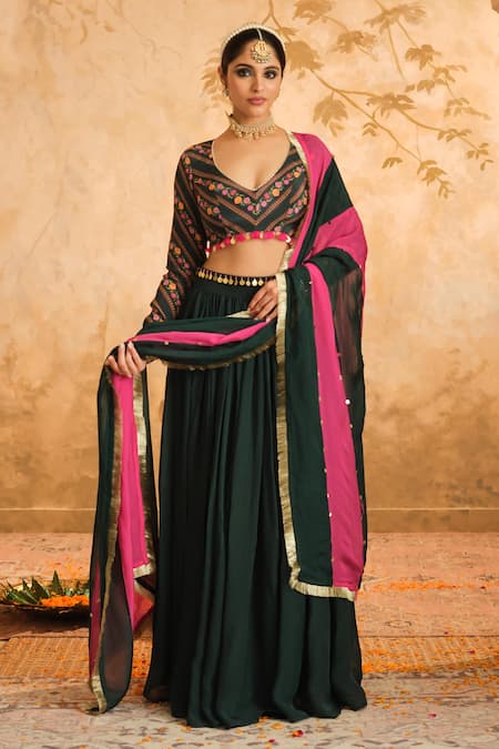 Blooming Threads_Green Crepe, Organza Sequins, Embroidery, Gota Patti Asymmetric Lehenga Set _Online_at_Aza_Fashions