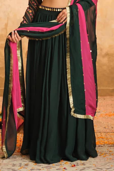 Buy_Blooming Threads_Green Crepe, Organza Sequins, Embroidery, Gota Patti Asymmetric Lehenga Set _Online_at_Aza_Fashions