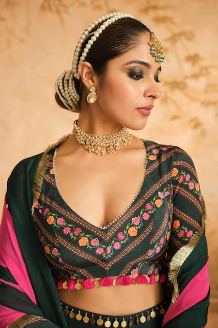 Blooming Threads_Green Crepe, Organza Sequins, Embroidery, Gota Patti Asymmetric Lehenga Set _at_Aza_Fashions