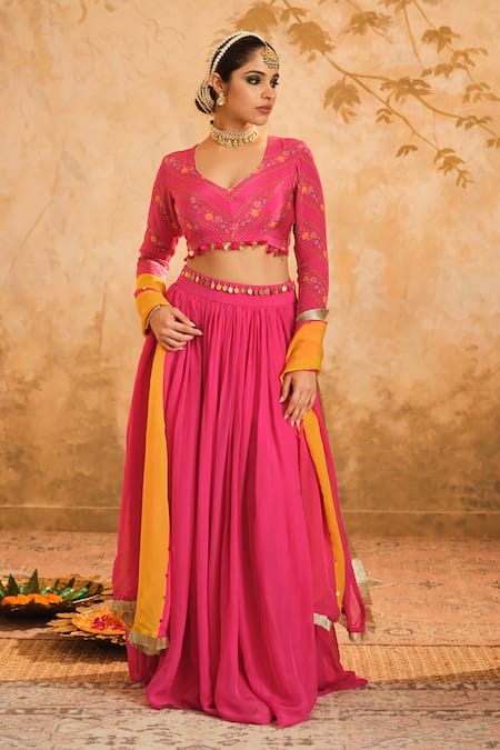 Blooming Threads Pink Lehenga Organza Hand Embroidered Floral Leaf Sequin Gathered Set 