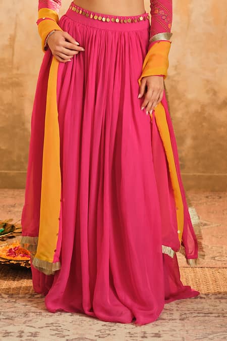 Blooming Threads_Pink Crepe, Organza, Linen Sequins, Gota Patti, Embroidered Gathered Lehenga Set _Online_at_Aza_Fashions