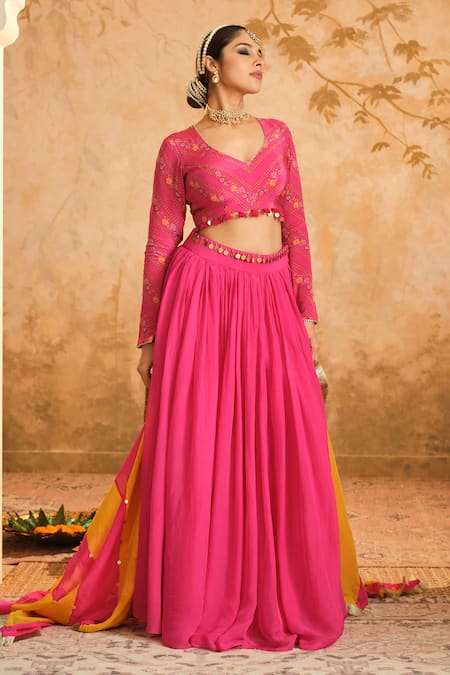 Buy_Blooming Threads_Pink Crepe, Organza, Linen Sequins, Gota Patti, Embroidered Gathered Lehenga Set _Online_at_Aza_Fashions