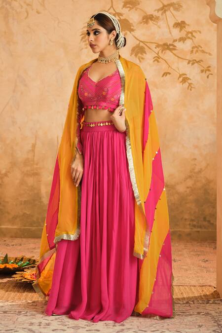 Shop_Blooming Threads_Pink Crepe, Organza, Linen Sequins, Gota Patti, Embroidered Gathered Lehenga Set _Online_at_Aza_Fashions