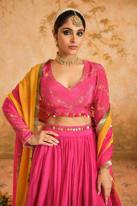 Blooming Threads_Pink Crepe, Organza, Linen Sequins, Gota Patti, Embroidered Gathered Lehenga Set _at_Aza_Fashions