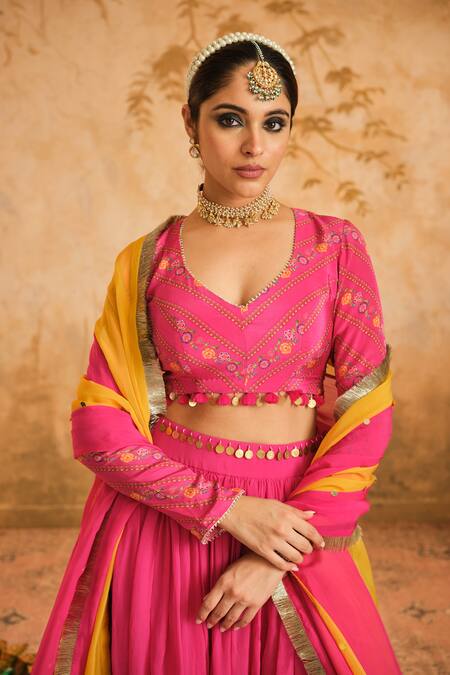 Buy_Blooming Threads_Pink Crepe, Organza, Linen Sequins, Gota Patti, Embroidered Gathered Lehenga Set 