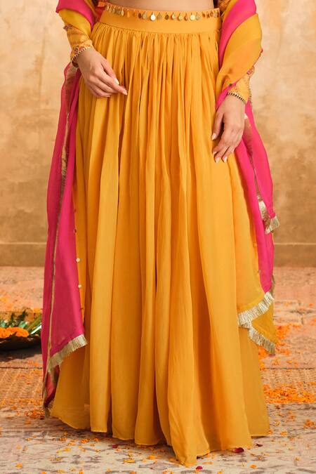 Blooming Threads_Yellow Crepe, Organza Sequins, Embroidery, Tassels, Gota Solid Lehenga Set _Online_at_Aza_Fashions